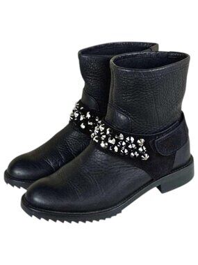 Pedro Garcia Swarovski Crystal Studded Black Leather Moto Ankle Boots Size 38